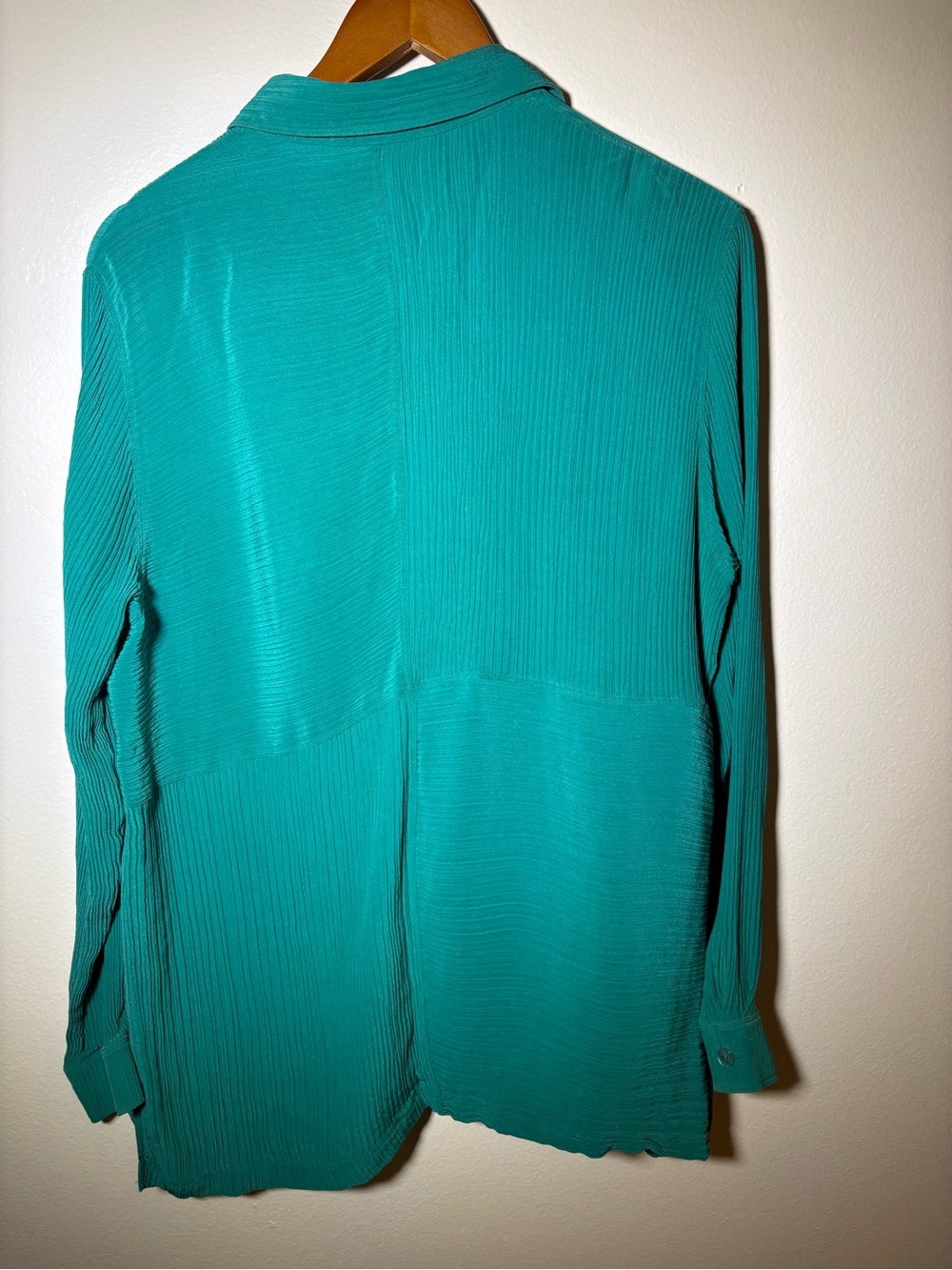 Vintage Diane Gilman Collection Teal 100% Silk Pleated Collared Blouse Size LG - Picture 10 of 11